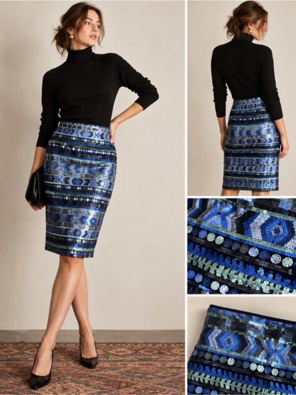 Sequin Pencil Skirt Size 6 Blue Green Geometric Knee Length Riani